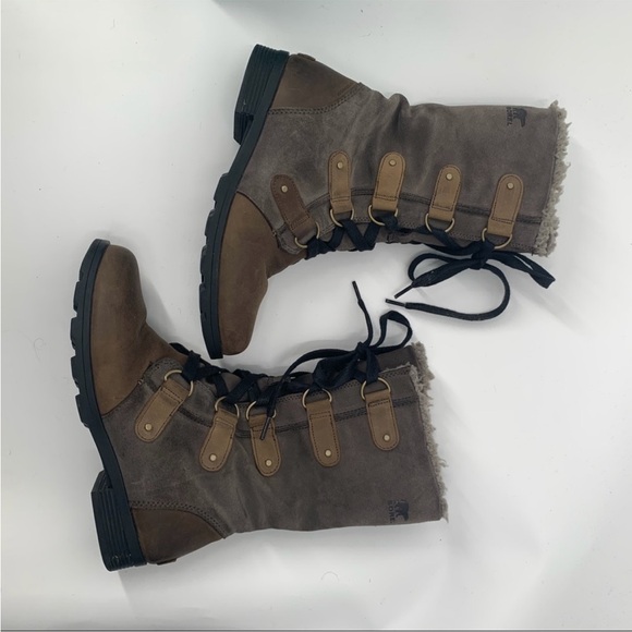 SOREL - women’s Emelie lace up Combat brown leather waterproof boots faux fur 10 - Picture 7 of 12